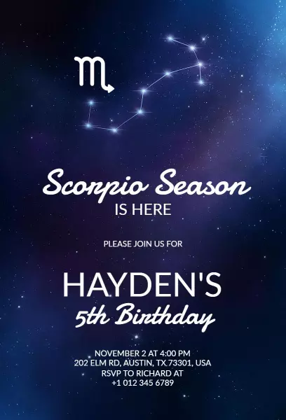 Cosmic Scorpio Theme 5th Birthday Celebration Invitation Template