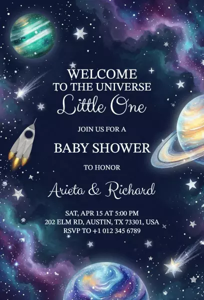 Cosmic Space Adventure Baby Shower Celebration Invitation Template