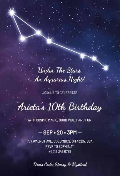 Cosmic Starry Aquarius 10th Birthday Celebration Invitation Template