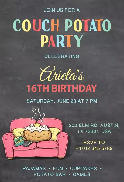 Couch Potato Fun Sweet 16 Birthday Celebration Invitation Template