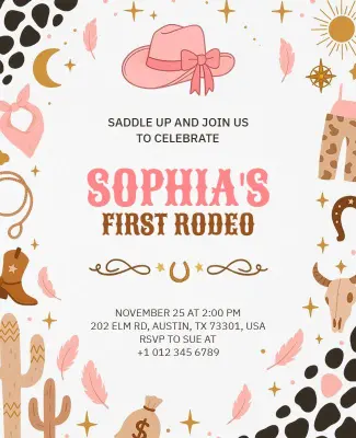 Country Style Girl First Rodeo Birthday Invitation Flyer Template