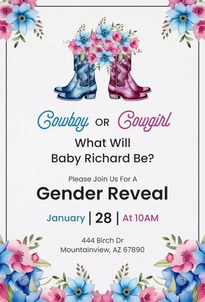 Cowboy Cowgirl Floral Gender Reveal Invitation Template