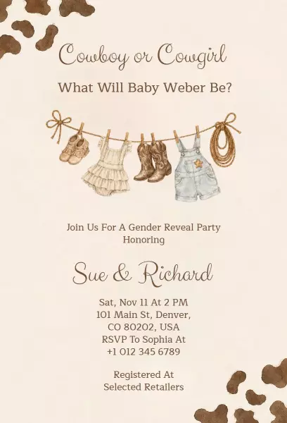 Cowboy Cowgirl Themed Gender Reveal Party Invitation Template