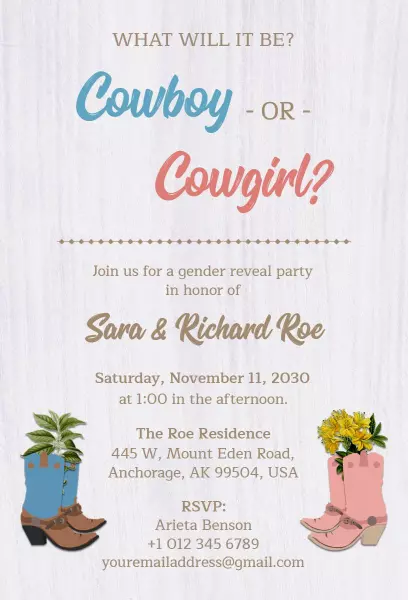 Cowboy or Cowgirl Fun Gender Reveal Party Invitation Template
