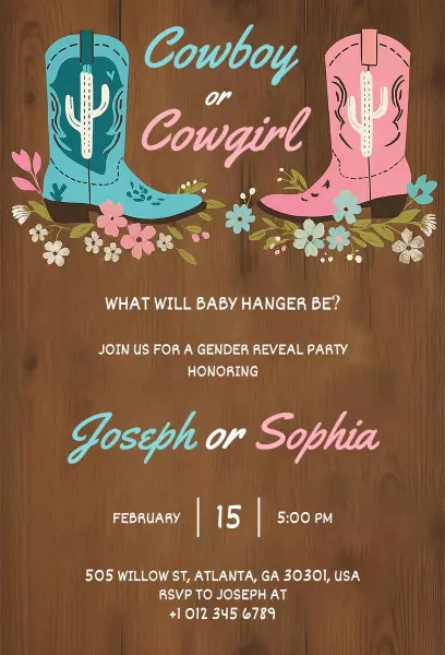 Cowboy or Cowgirl Vintage Gender Reveal Invitation Template