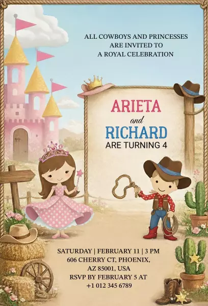 Cowboy Princess Themed Birthday Celebration Invitation Template