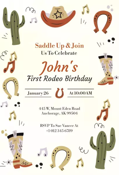 Cowboy Rodeo Adventure First Birthday Celebration Invitation Template