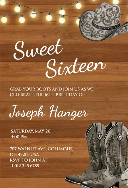 Cowboy Sweet Sixteen Rodeo Themed Birthday Invitation Template