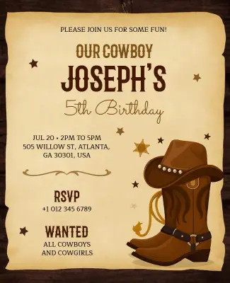 Cowboy Theme Kids Birthday Invitation Flyer Template