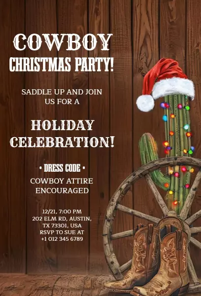 Cowboy Themed Christmas Holiday Celebration Invitation Template