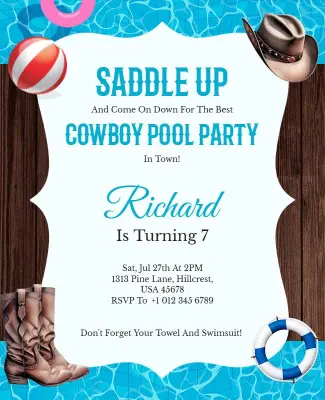 Cowboy Themed Pool Party Invitation Flyer Template