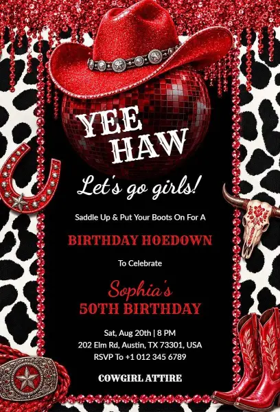 Cowgirl Hoedown 50th Birthday Celebration Invitation Template