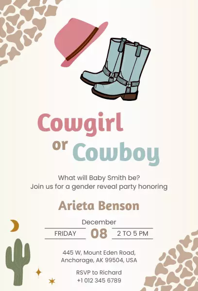 Cowgirl or Cowboy Themed Gender Reveal Party Invitation Template