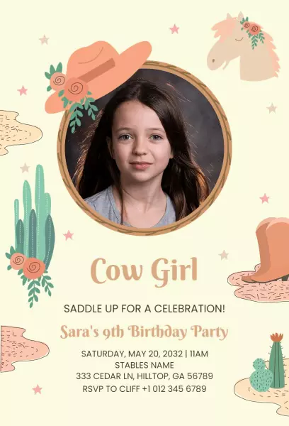 Cowgirl Saddle Up Fun 9th Birthday Celebration Invitation Template