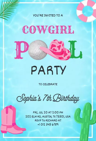 Cowgirl Theme Fun Pool Party Invitation Template