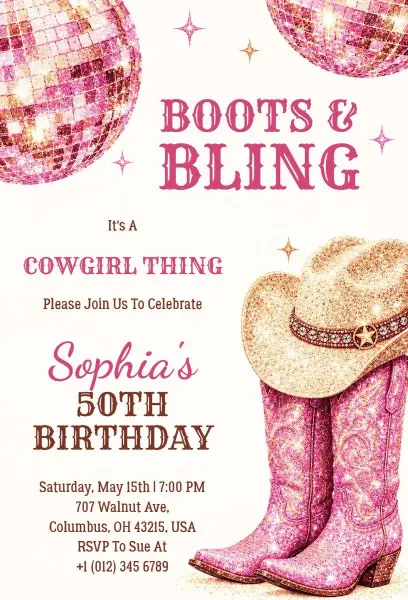 Cowgirl Themed 50th Birthday Celebration Invitation Template