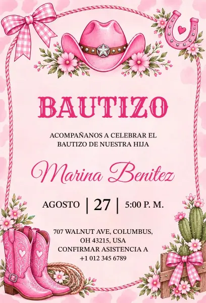 Cowgirl-Themed Baptism Celebration Invitation Template
