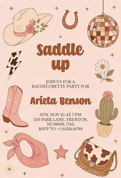 Cowgirl Western Themed Bachelorette Party Invitation Template