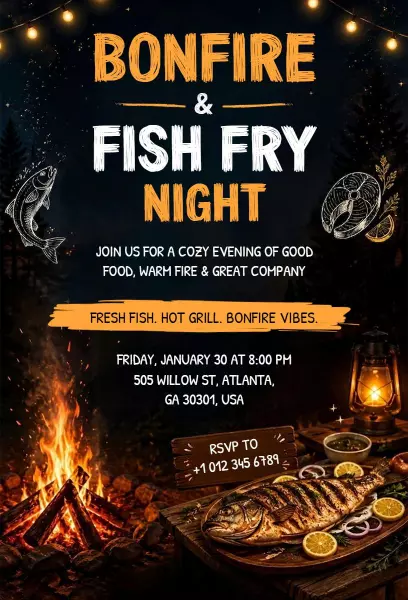 Cozy Bonfire Fish Fry Evening Gathering Invitation Template