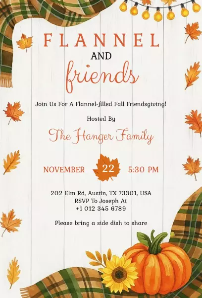 Cozy Flannel Autumn Friendsgiving Feast Invitation Template
