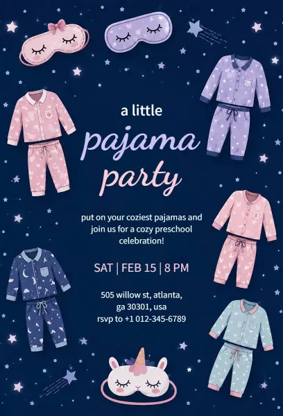 Cozy Kids Pajama Party Preschool Celebration Invitation Template