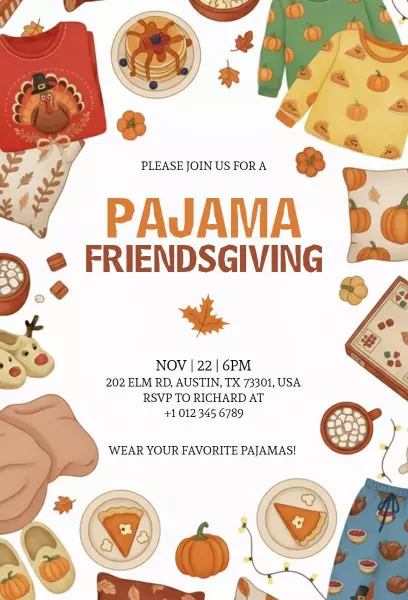 Cozy Pajama Friendsgiving Gathering Celebration Invitation Template