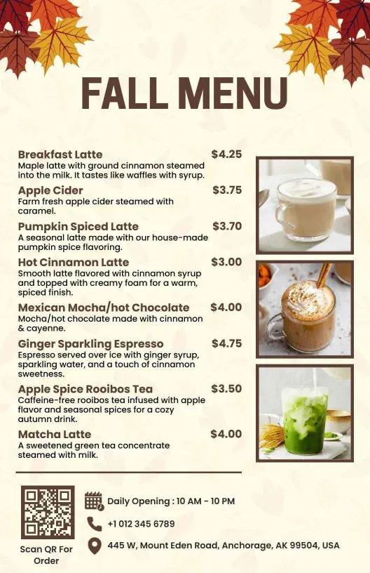 Cozy Spiced Drinks Featuring Pumpkin Flavors Fall Menu Template