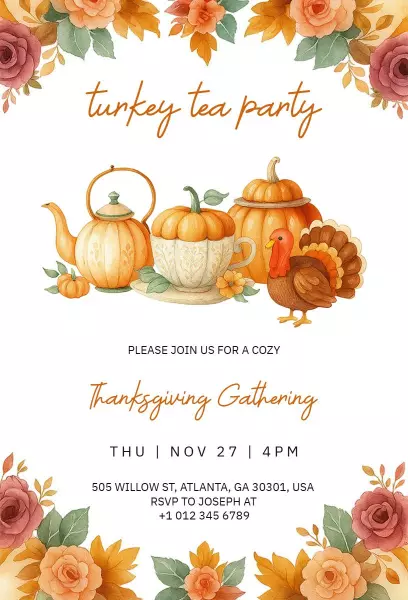 Cozy Turkey Tea Party Thanksgiving Gathering Invitation Template