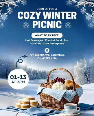 Cozy Winter Picnic with Comfort Food and Warm Beverages Poster Template