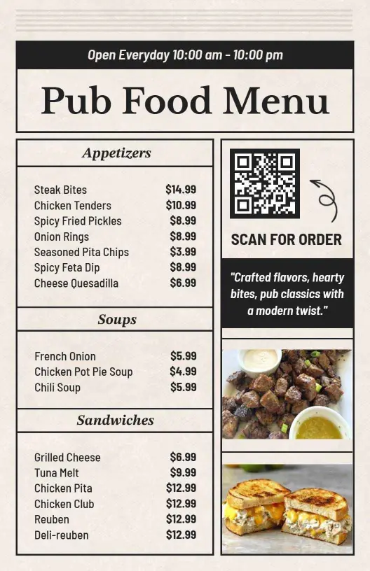 Craft Beer Selections and Tasty Bites Delight Bar Menu Template