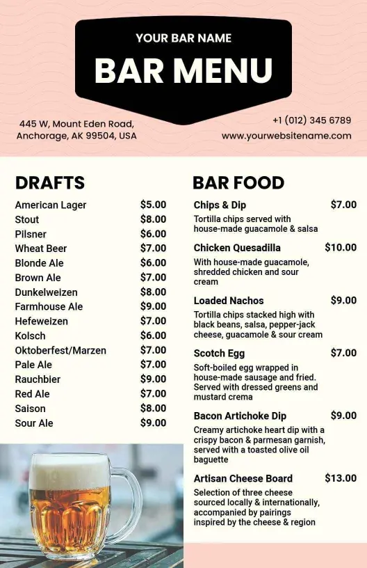 Craft Beers and Delicious Bar Snacks Selection Bar Menu Template