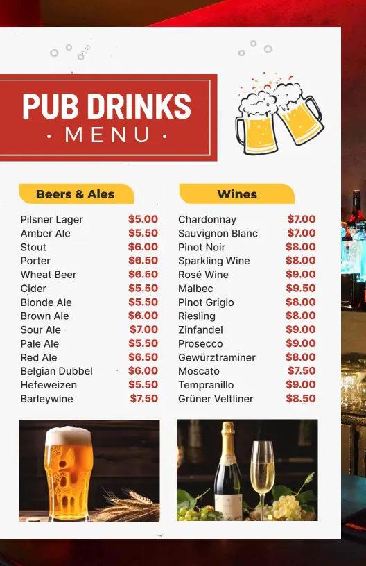 Craft Beers and Fine Wines Selection Drink Offerings Bar Menu Template