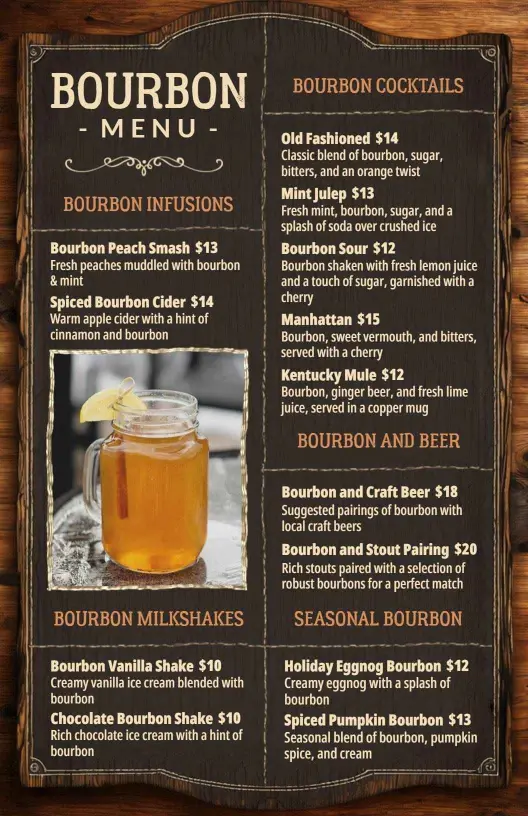 Crafted Bourbon Cocktails and Unique Infusions Bar Menu Template