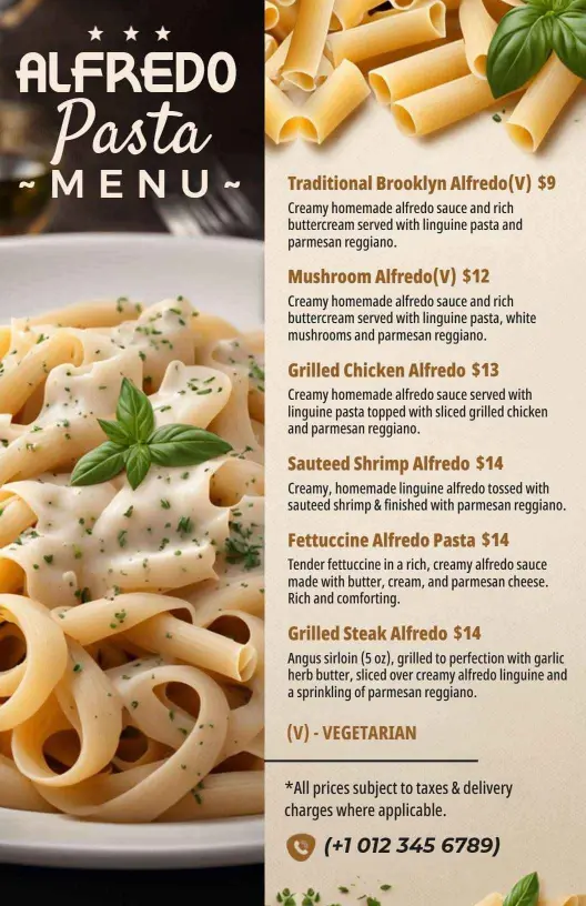 Creamy Gourmet Alfredo Pasta Menu Template