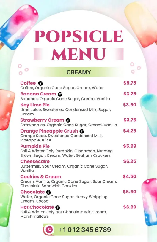 Creamy Popsicle Treats and Flavorful Desserts Dessert Menu Template