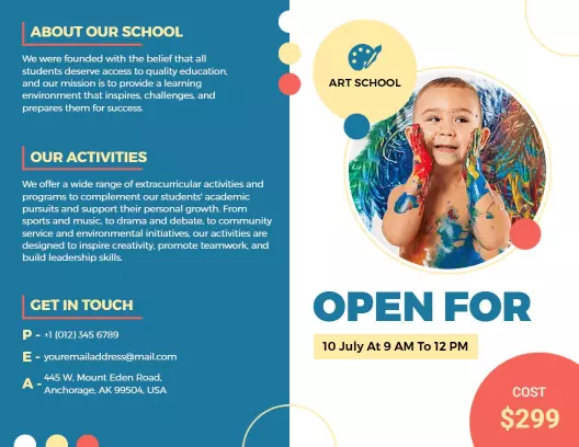 Creative Art School Activities and Enrollment Information Brochure Template