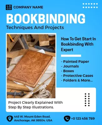 Creative Blue Bookbinding Techniques and Projects Poster Template