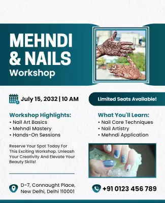 Creative Blue Mehndi and Nail Art Workshop Poster Template
