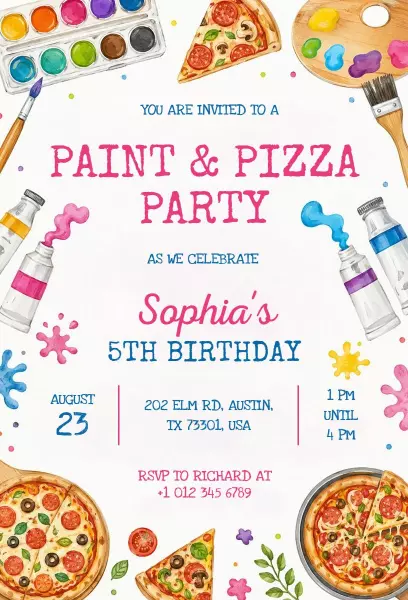 Creative Paint and Pizza Birthday Celebration Invitation Template