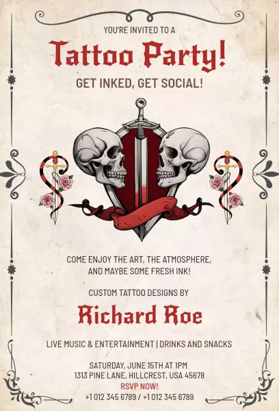 Creative Skull Theme Tattoo Party Celebration Invitation Template