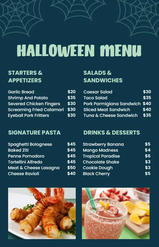 Creative Spooky Pasta and Appetizer Choices Halloween Menu Template