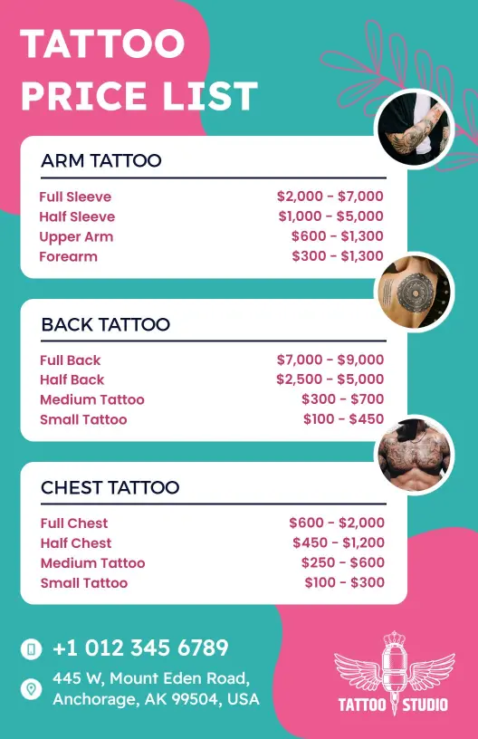 Creative Tattoo Service Options Price List Template
