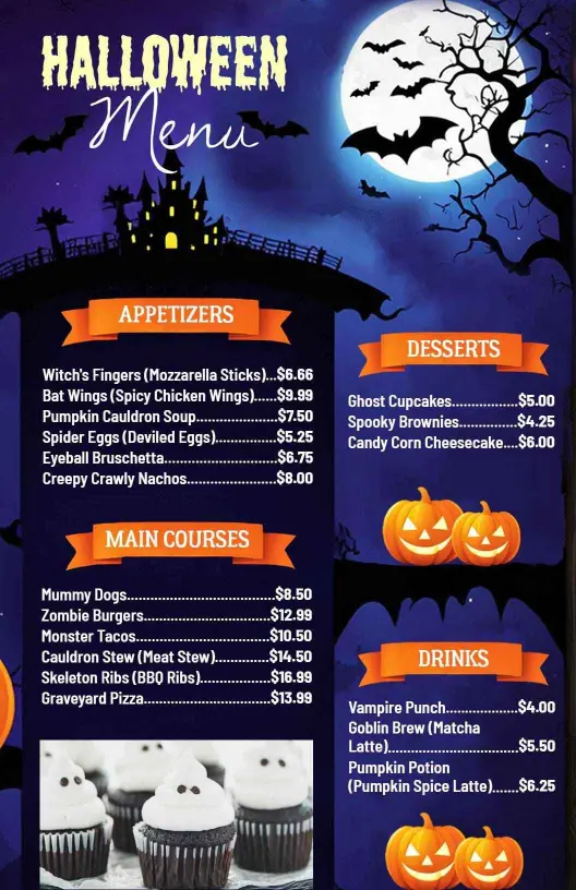 Creepy Appetizers and Spooky Main Courses Halloween Menu Template