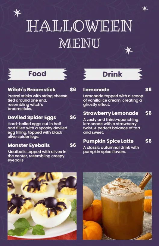 Creepy Eyeball Appetizers and Festive Beverage Options Halloween Menu Template