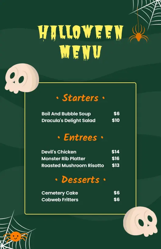 Creepy Skull and Spider Halloween Green Themed Menu Template