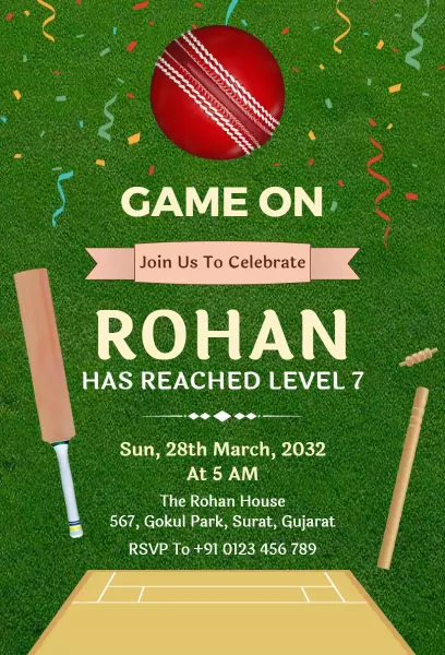 Cricket Theme Level Up Sports Birthday Invitation Template