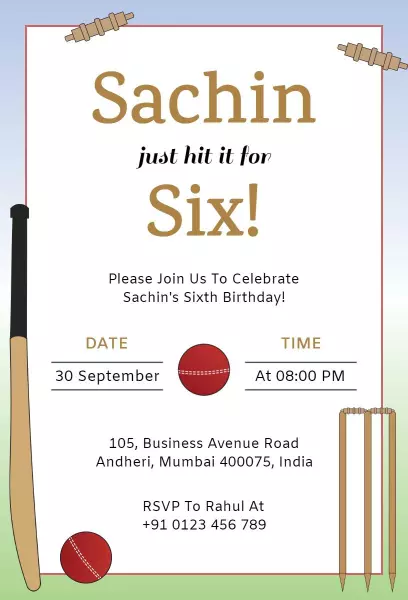 Cricket-Themed Six Year Birthday Celebration Invitation Template