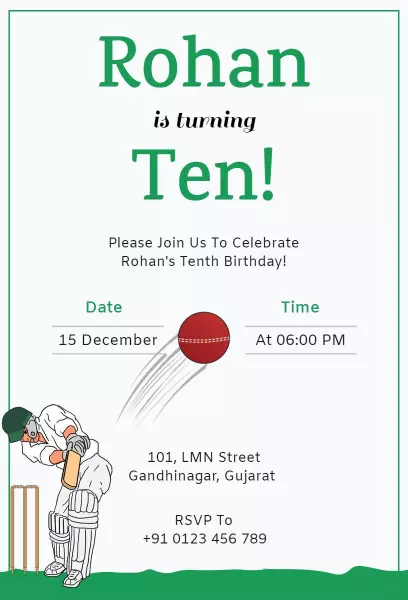 Cricket-Themed Tenth Birthday Celebration Invitation Template