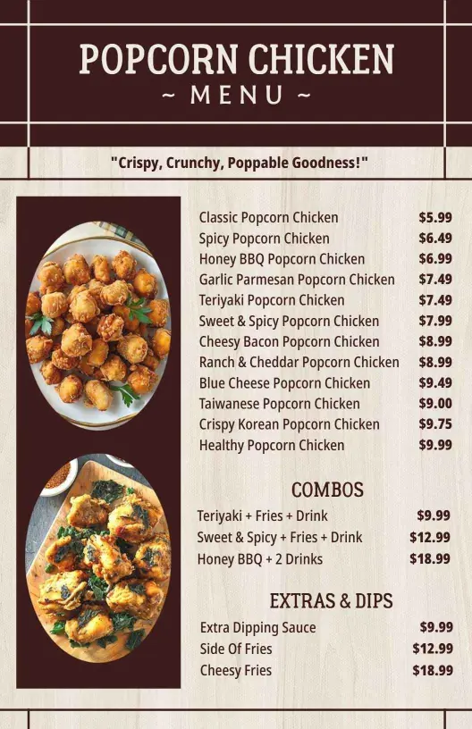 Crispy and Flavorful Popcorn Chicken Selections Chicken Menu Template