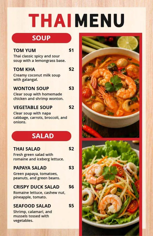 Crispy Duck and Savory Seafood Salad Variety Thai Menu Template